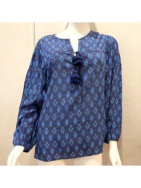 NWOT Figue boho Navy/turquoise Ikat LS Blouse, tassels, Size M